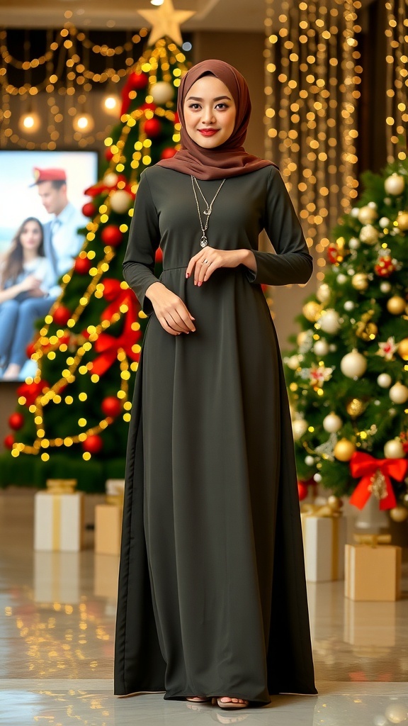 Elegant Christmas Outfit Ideas for Hijab Wearers A fashionable hijab-wearing woman in a Christmas outfit, surrounded by festive decorations.